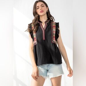 THML ELIZABETH EMBROIDERED BLACK V-NECK TOP WOMEN’S LARGE